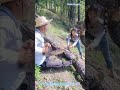 Man and Woman Cross‑Cutting a Pine Log With a Two‑Person Saw in Mountain