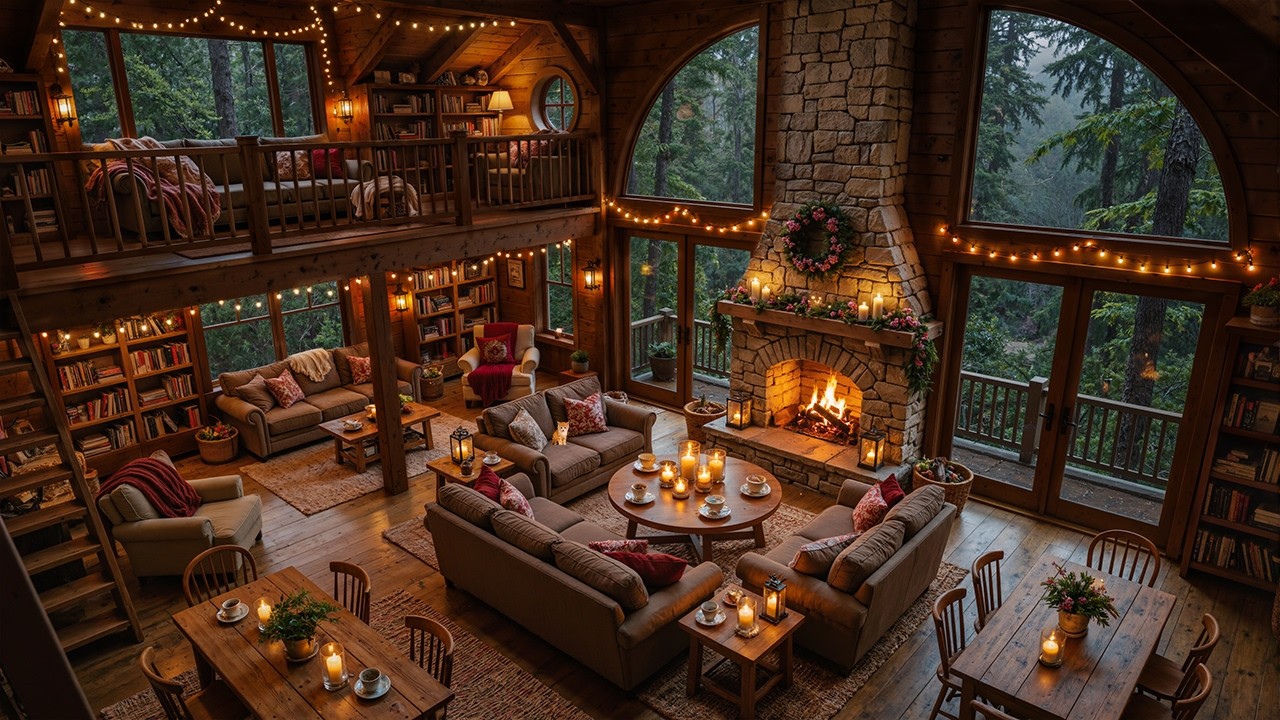 Rainy Sounds & Jazz Relaxing Melodies in a Warm Cabin Ambience | Crackle Fireside for Study & Work