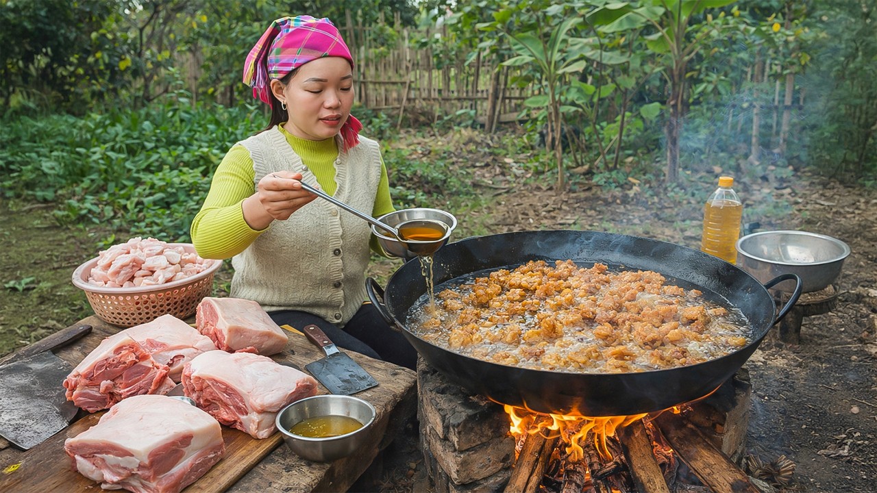 Making Cooking Oil from Pork Fat — From Morning to Night | Primitive Cooking Recipe | Simple Life