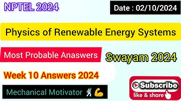 Physics of Renewable Energy Systems WEEK 10 Quiz | Assignment 10 Solution | NPTEL | SWAYAM 2024