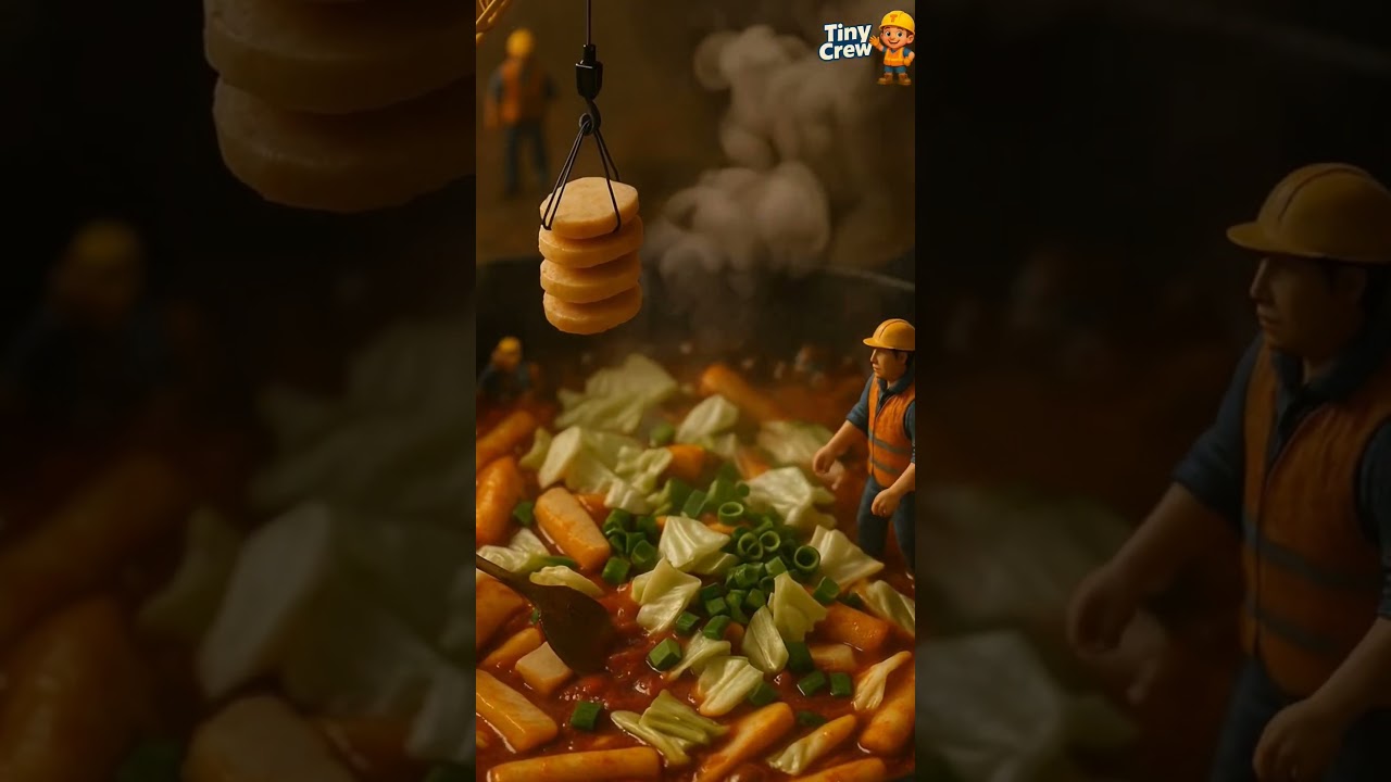 Mini Workers Cook Giant Spicy Tteokbokki 🔥 | Tiny Crew Food Magic!