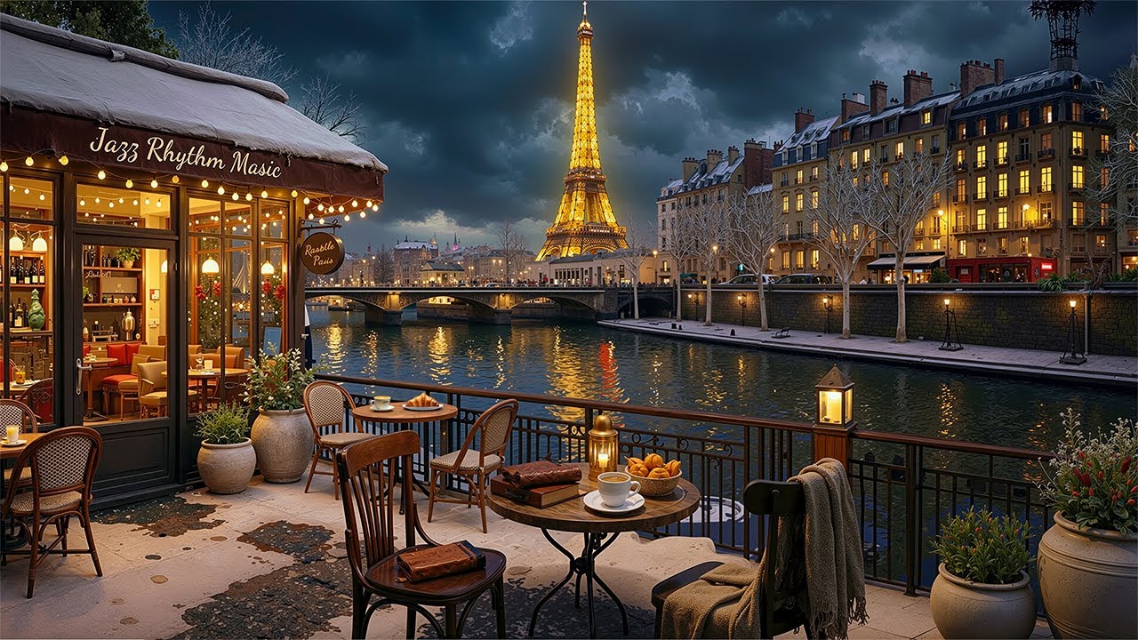 Paris Winter Evening Café Jazz ☕ Cozy Riverside Ambience & Soft Jazz Instrumental for Work and Study
