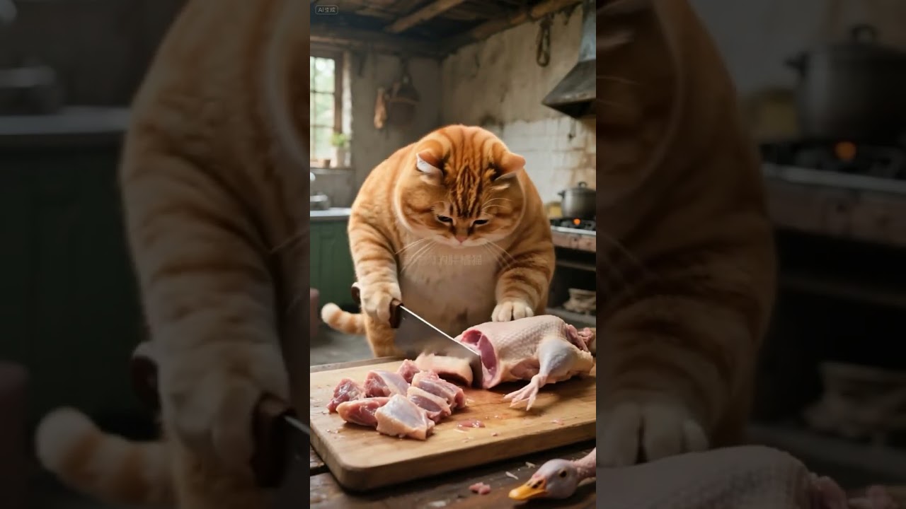 Orange cat cooking, orange cat steamed ginger, vegetable and tofu soup 
