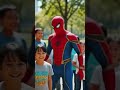 "Superhero in red-blue spider-style suit posing for photos with children