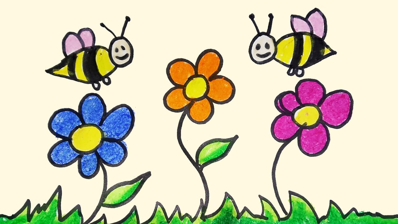 Flying honey bee and blossoming flower Royalty Free Vector