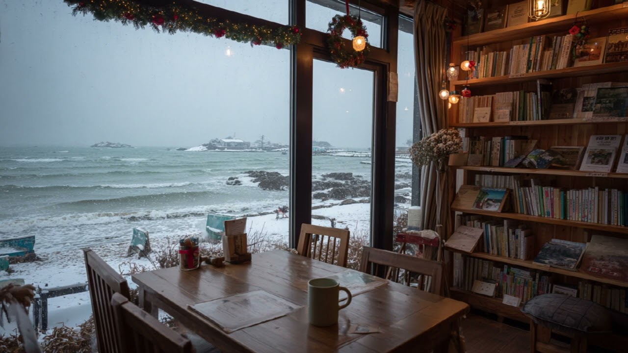 [중간광고없음] 눈 내리는 🌊겨울 바닷가, 북카페에서 듣는 따뜻한 피아노 | Winter Piano Music