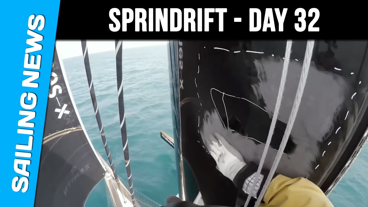 Spindrift - Jules Verne Trophy - Day 32 - High wire repairs
