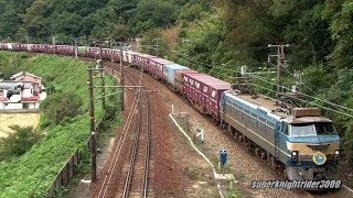 JR貨物 EF66 27号機(広車公開HM掲出)+コキ20B+EF67 102号機 貨物列車2070レ 瀬野→八本松 2013.10