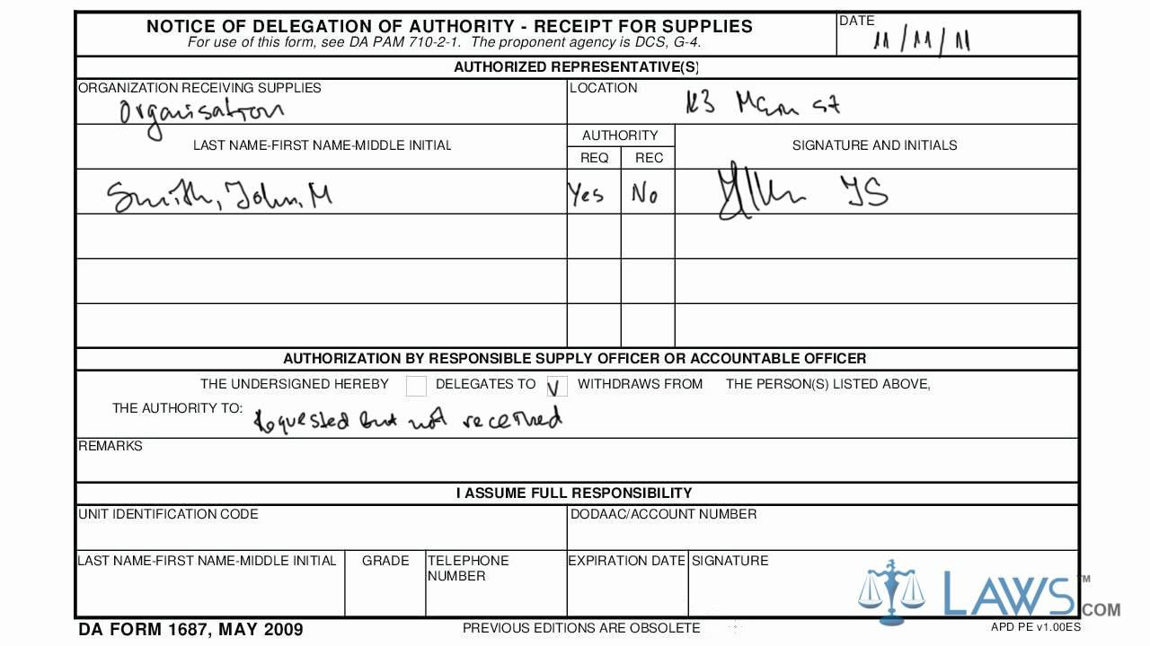 Learn How to Fill the DA form 1687 Notice of Delegation of Authority Receipt for Supplies - YouTube Learn How to Fill the DA form 1687 Notice of Delegation of Authority Receipt for Supplies - YouTube
