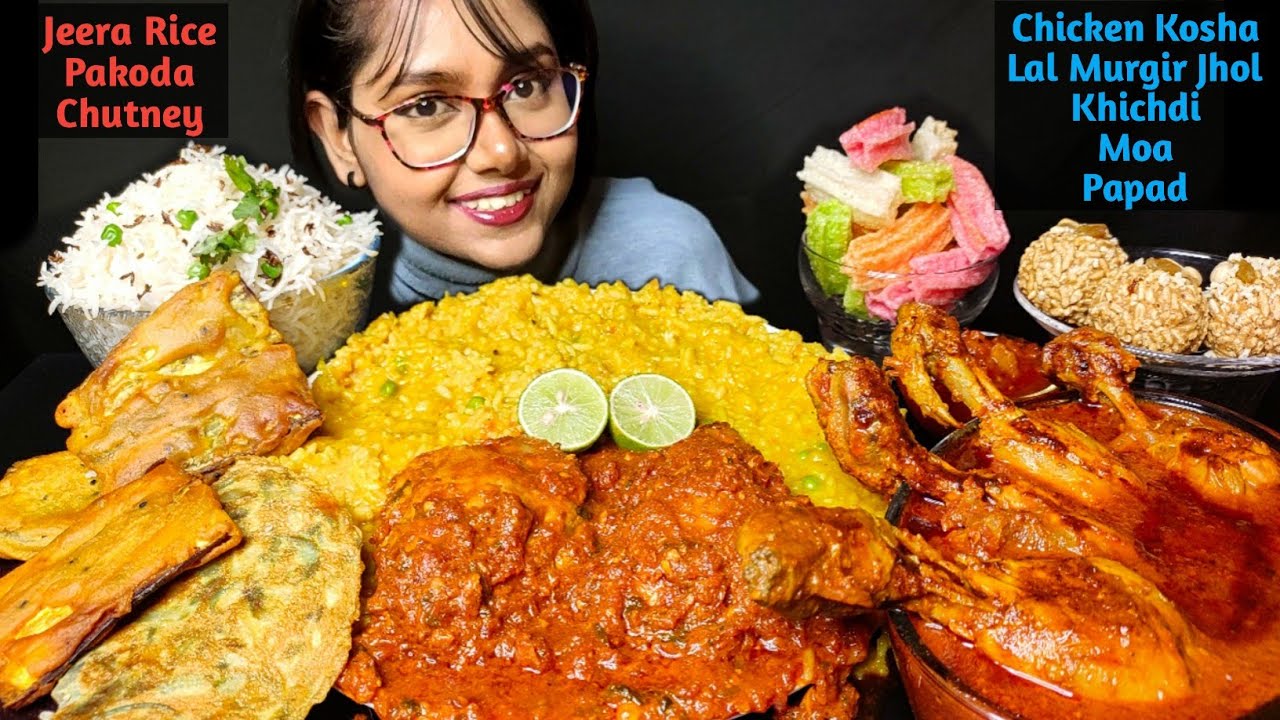 Eating Chicken Kosha, Khichdi, Lal Murgir Jhol, Omelette, Pakoda | Big Bites | Foodie Darling | Asmr