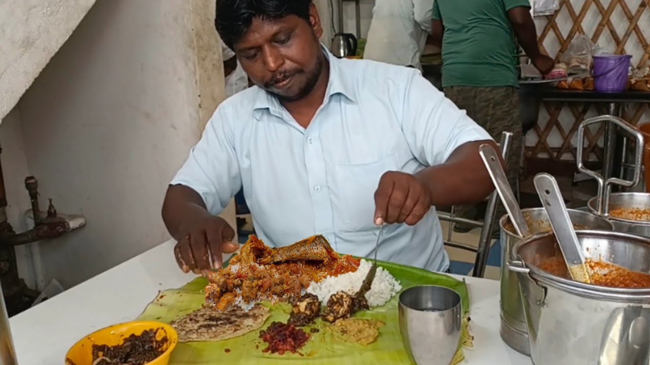 South Indian special full unlimited non-veg meals outside hotel hungry eating with egg pepper masala
