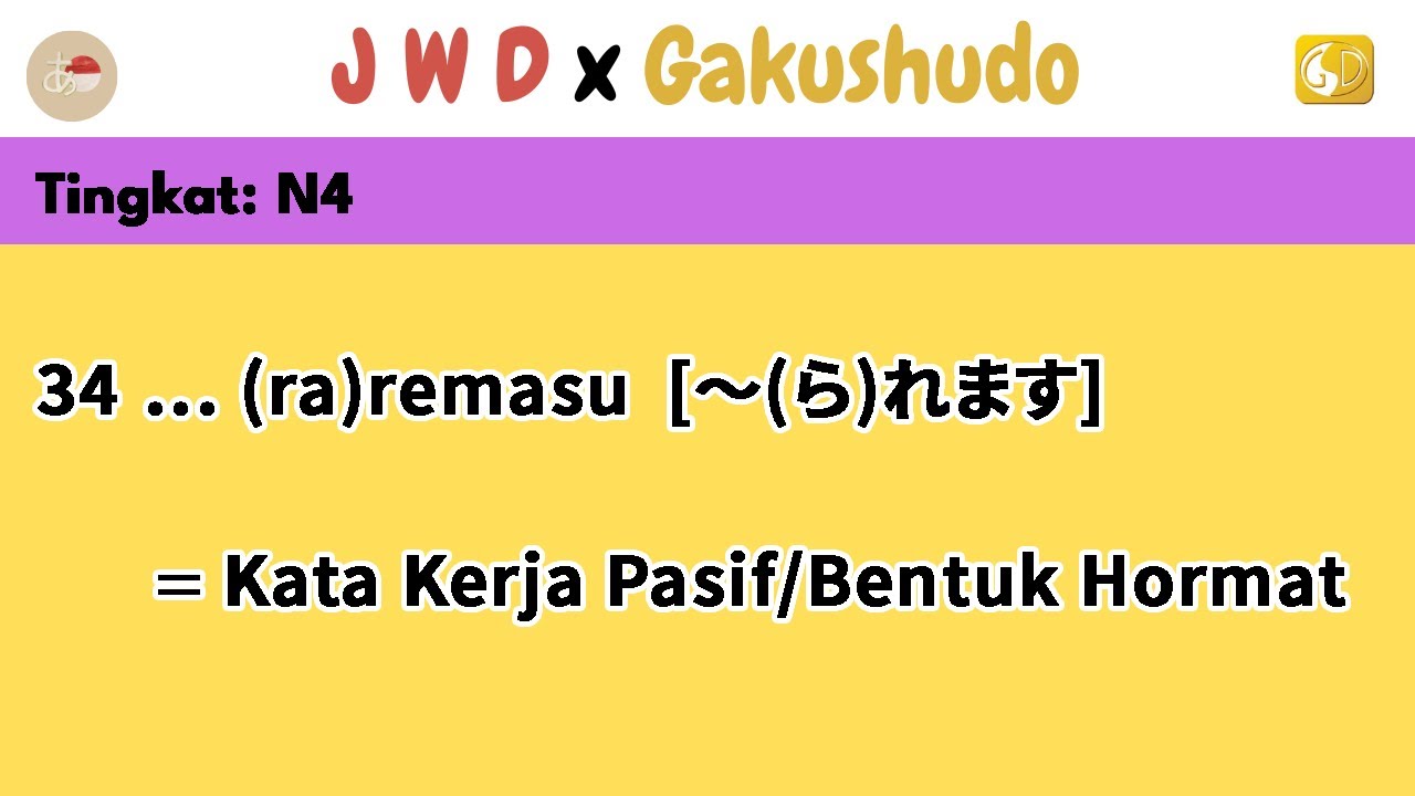 34. Kelas: N4: Pola Kalimat || …(ra) remasu  [～(ら)れます] Kata Kerja Pasif/Bentuk Hormat