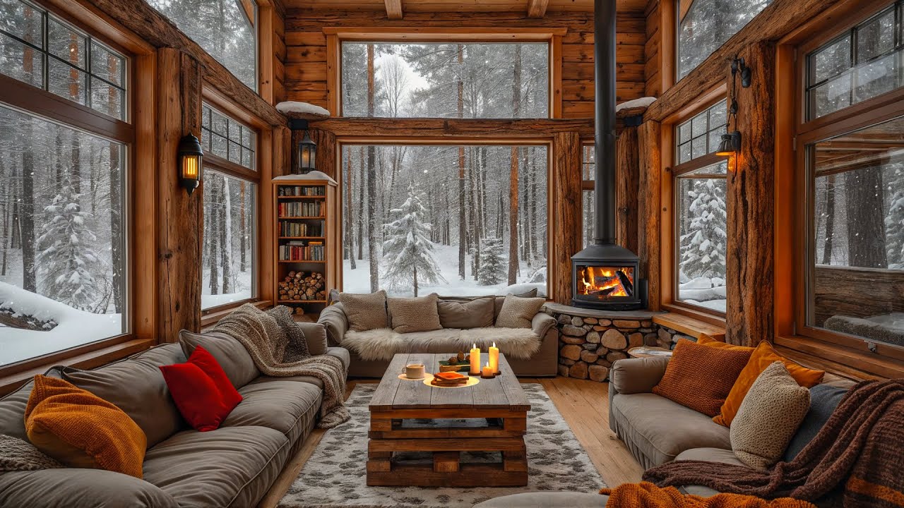 Cozy Winter Cabin Living Room Ambience 🔥 Relaxing Winter Jazz and ...