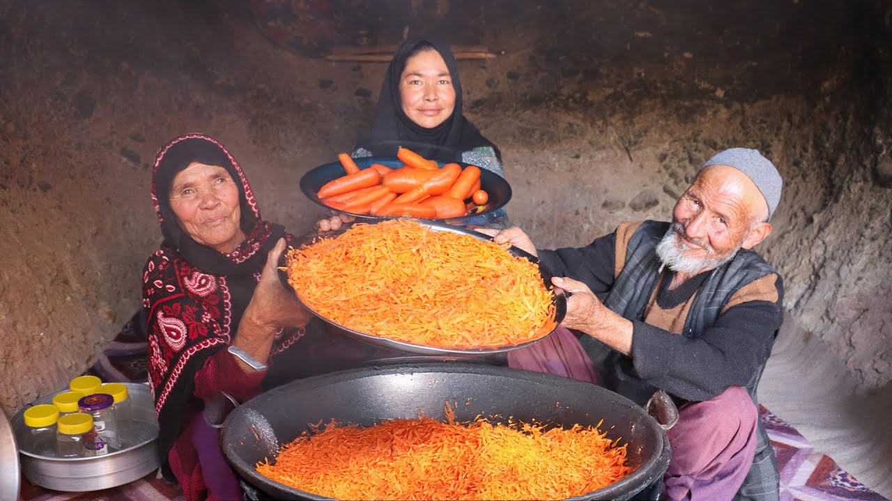 Old Lovers Making Traditional Carrot Jam: Natural Village Carrot Jam Recipe in a Cave