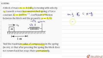 A block of mass `m=0.14kg` is moving with velocity `v_0` towards a mass less unstretched spring ...