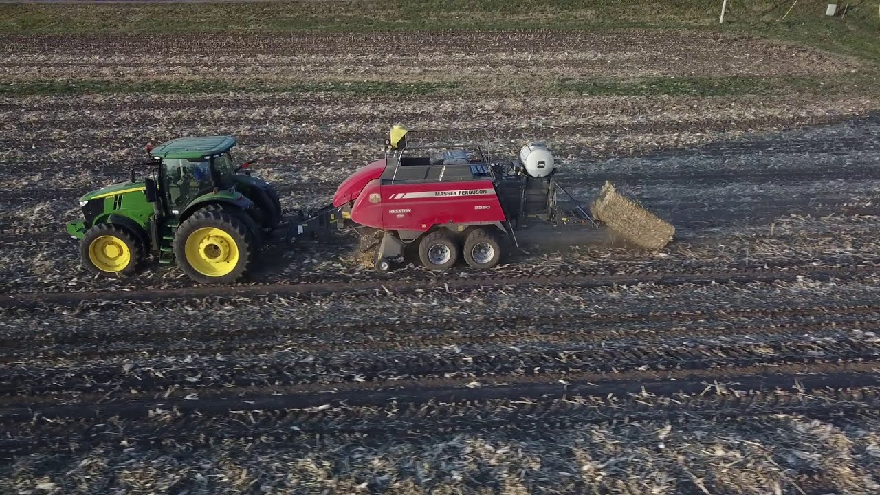 John Deere 7260R Baling Corn Stalks with Massey Ferguson 2250 Big Square Baler YouTube