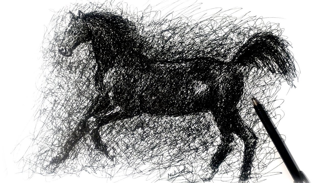 horse drawing with pen | ballpoint pen scribble art | pen drawing art ...