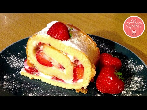 how-to-make-strawberry-roulade,-easy-dessert-recipe---Бисквитный-рулет-с-клубникой