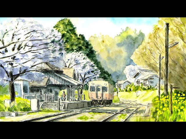 桜と古い駅舎の相性 ／ 千葉県・小湊鉄道里見駅 【透明水彩風景