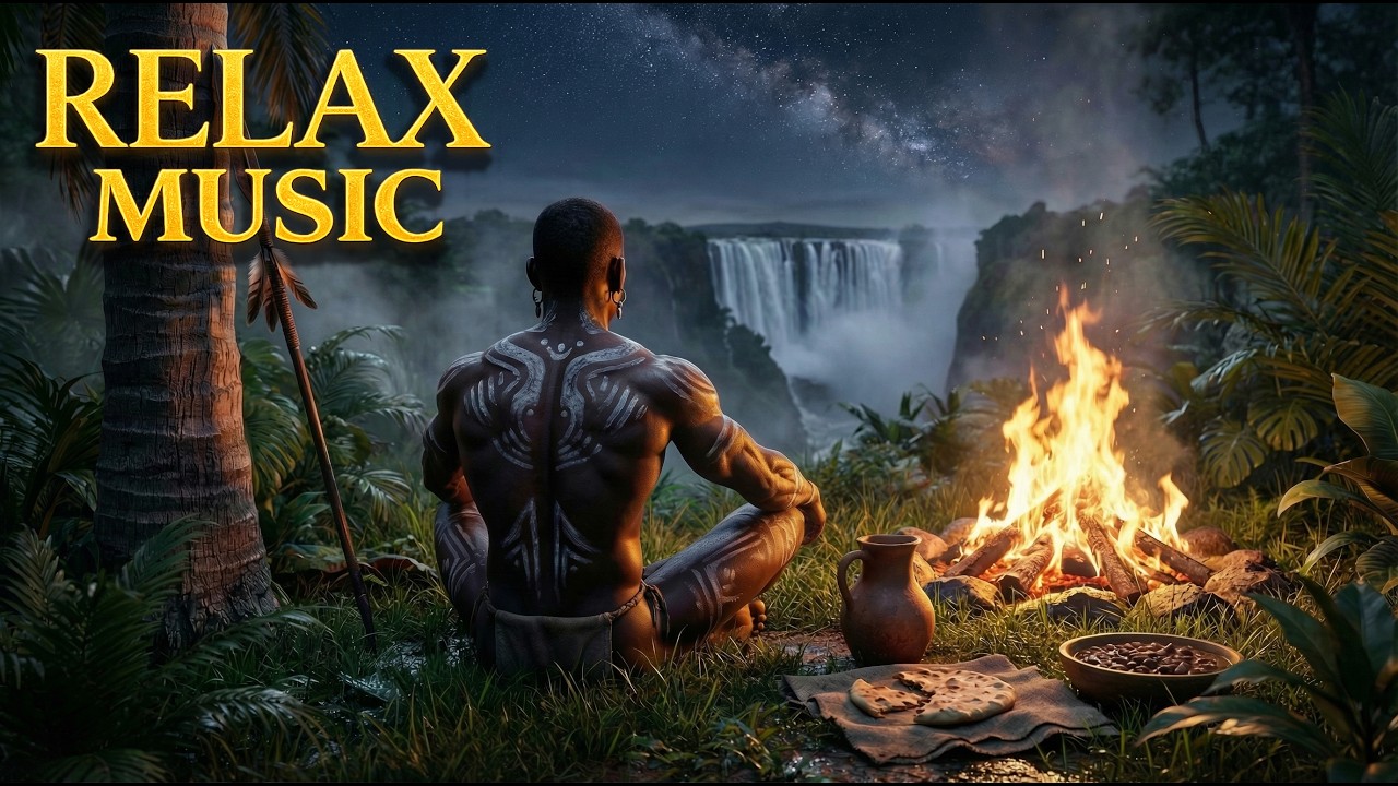 African Night Campfire 🔥 Distant Waterfall & Tribal Ambient Music | Deep Relax, Sleep, Study