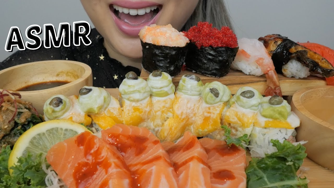 ASMR SUSHI *Assorted Nigiri, Mango Paradise Roll with Spicy Salmon Sashimi Soft Relaxing Sound