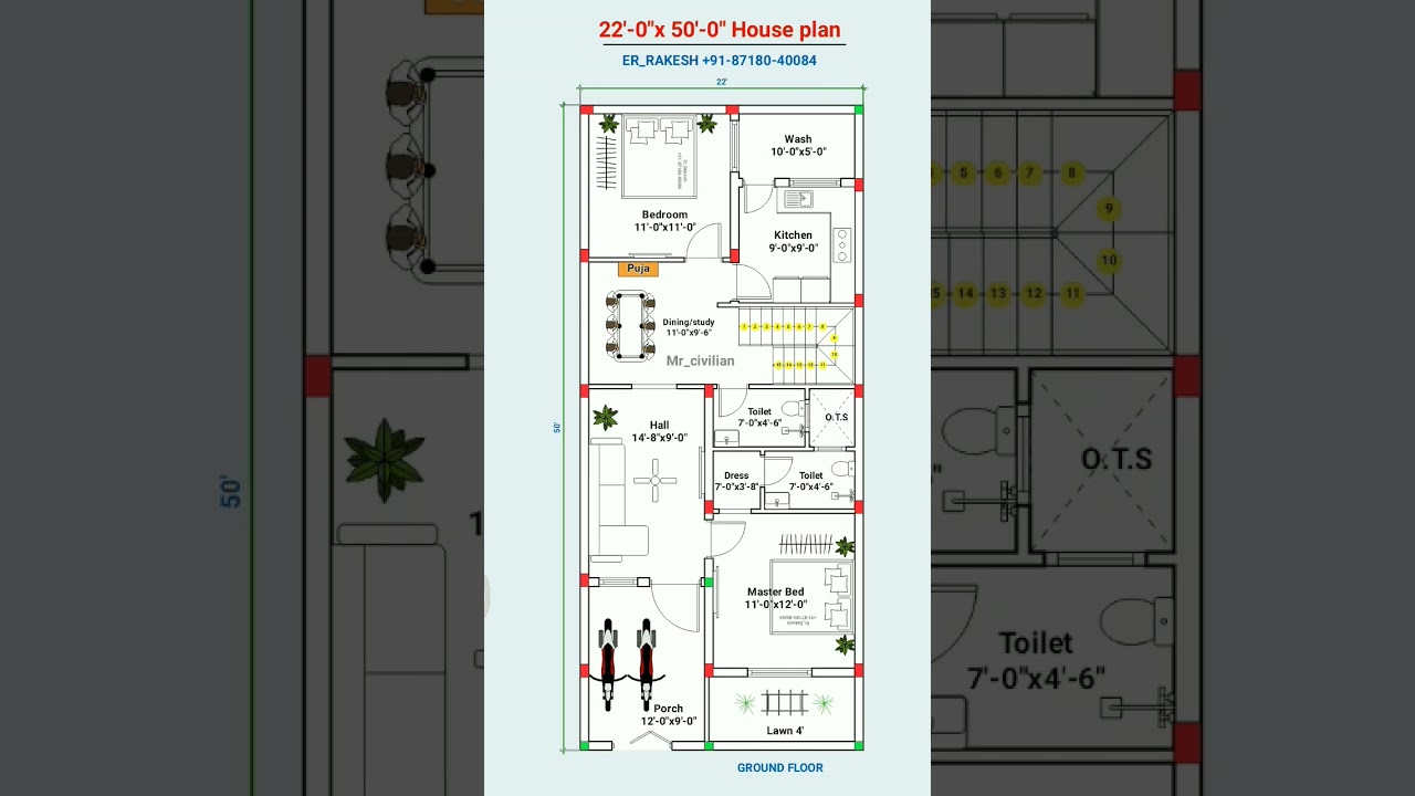 22x50  West Face as per vastu House Plan 