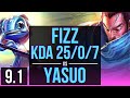 FIZZ vs YASUO (MID) | KDA 25/0/7, Legendary, 9 solo kills | NA Grandmaster | v9.1