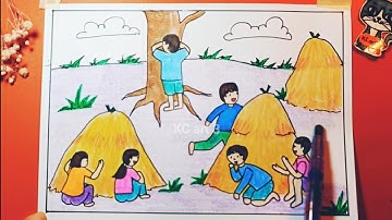 Tranh vẽ theo hình thức ƯỚC LỆ -Trò chơi dân gian Trốn tìm - Bố cục trong tranh sinh hoạt | ngày hè
