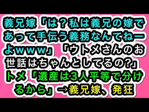 【キチな義兄嫁にスカッ】義兄嫁「は？私は義兄の嫁であって手伝う義務なんてねーよｗｗｗ」「ウトメさんのお世話はちゃんとしてるの?」トメ「遺産は3人平等で分けるから」→義兄嫁、発狂【スカッと実話ジャパン】