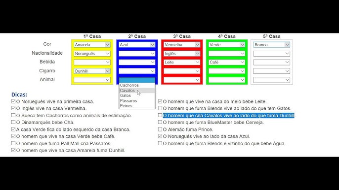 Laboratório de informática Resolução problema de logica nivel normal # rachacuca #problemadelogicatipotestedeeinsten Resposta solução desafio  teste teste de einsten – Lógica no mundo sem lógica