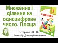 Множення і ділення на одноцифрове число. Площа (ст. 88-89). Математика 4 кл (Ч2), Козак, Корчевська