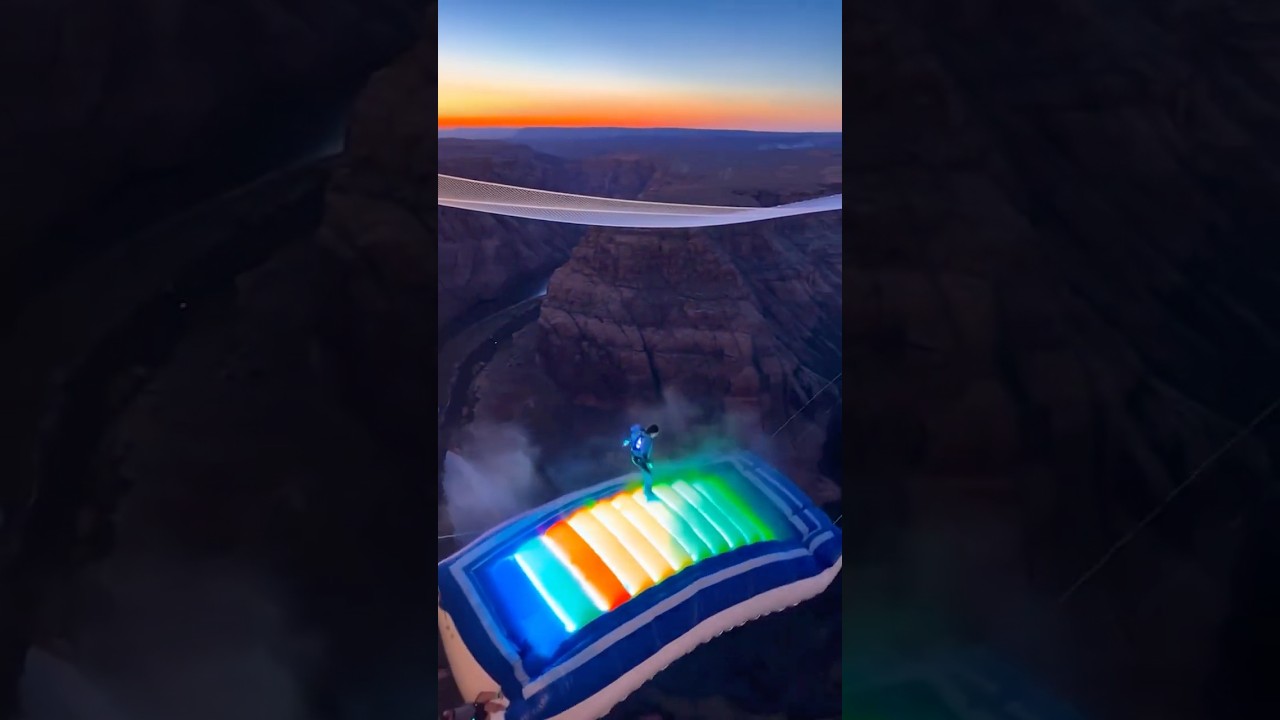 Neon Bouncy Cliff Airbag Jump 🌈 Fat Guy Bounce Sends Partner Flying! 