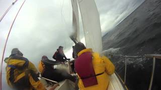 Staying inside the jib sheets when tacking is a good rule of thumb.