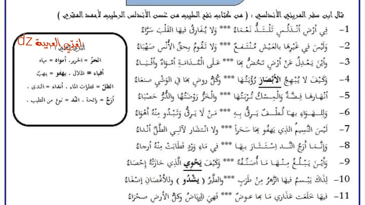 فروض واختبارات الفصل الثالث.اللغة العربیة .الثانية ثانوي جميع الشعب. شعر وصف الطبيعة الأندلسي.