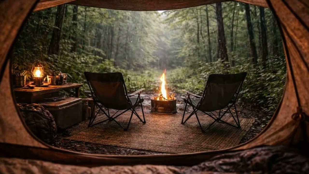 숲 속 비 오는 감성 캠핑 🌧️ Rainy Forest Camping Ambience | 텐트 안 불멍 & 빗소리 Relaxing Rain Sounds (6 Hours)