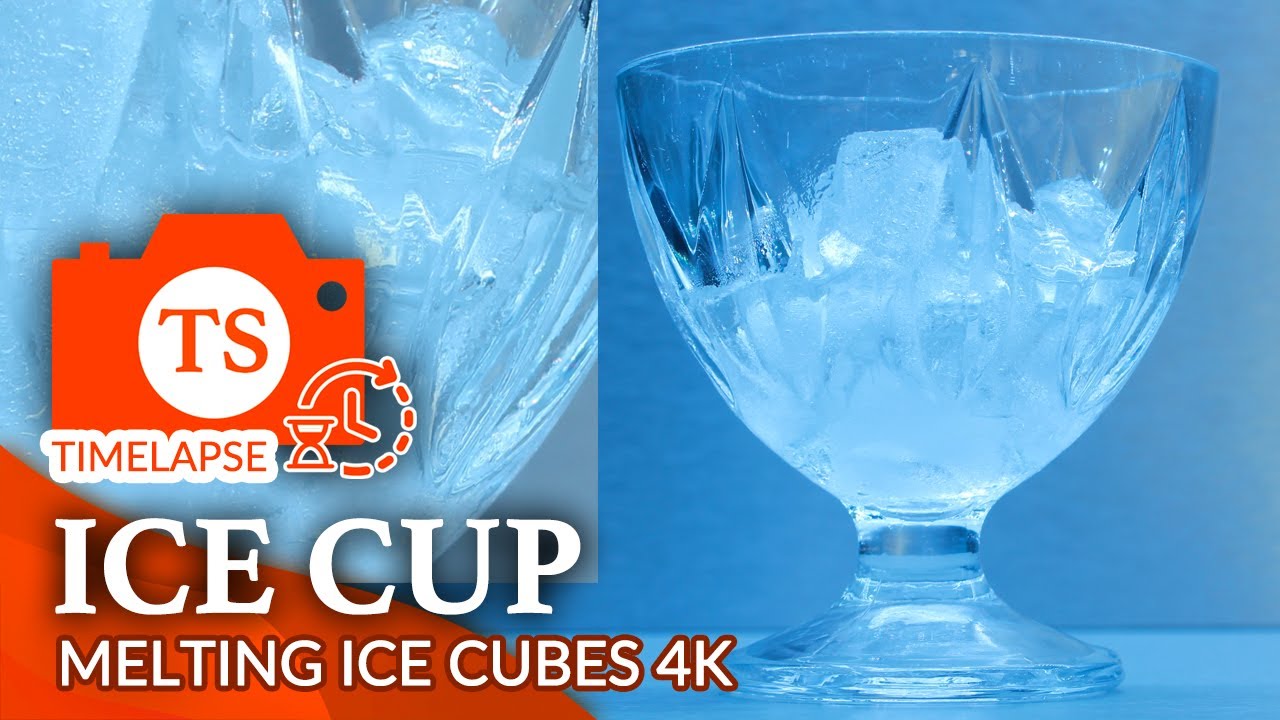 Cup of ice cubes melting - Time lapse video 4K in light LED blue light ...