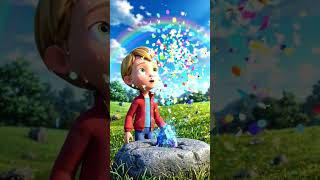 As Timmy touches the blue stone, a beautiful rainbow appears across the sky.