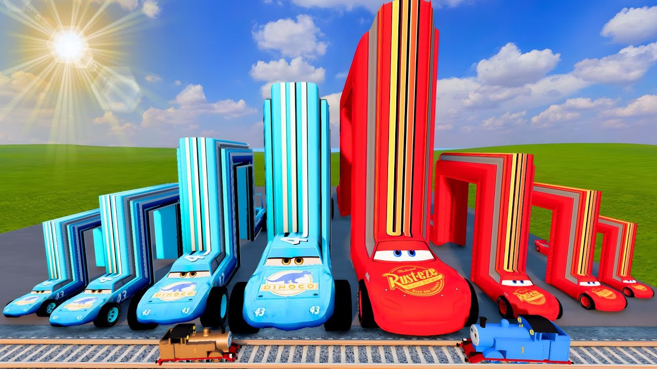 Big & Small Red x Blue Perpendicular Trucks Lightning McQueen VS Train Thomas | BeamNG.drive