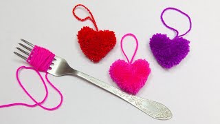 How to Make Yarn Heart❤️ Easy Pom Pom #heart Making Idea with Fork ❤️ Amazing Valentine's Day Crafts