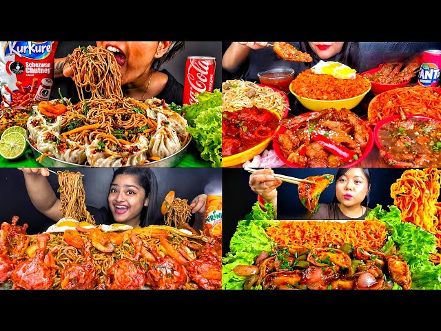 ASMR MUKBANG SPICY FOOD MOMOS CHOWMEIN CHICKEN LOLLIPOP HAKKA NOODLES EATING VIDEOS 