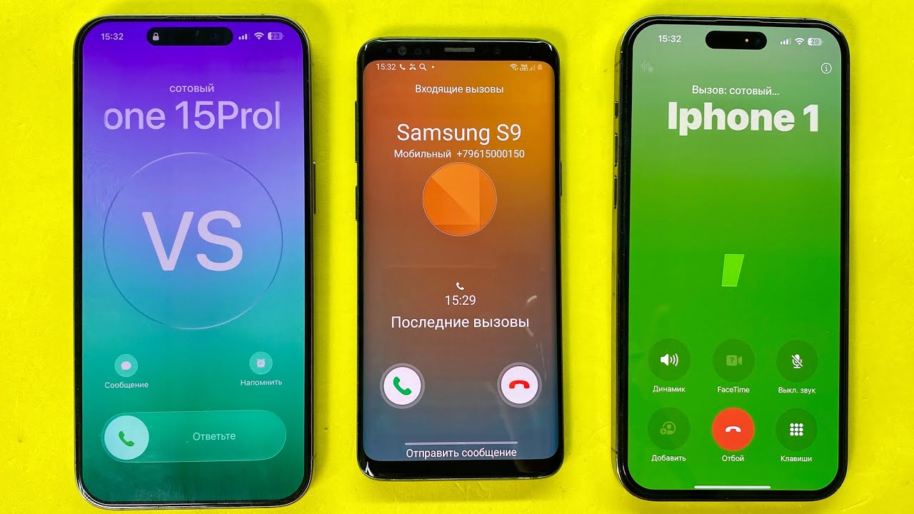 Incoming Call FaceTime Audio Three Phone IPhone 15 Pro Max vs Samsung S9 vs IPhone 14 Pro Max 