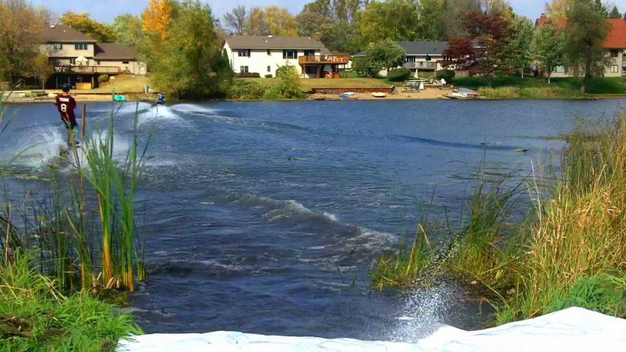 Today we jumped over the peninsula in my backyard on a wakeboard