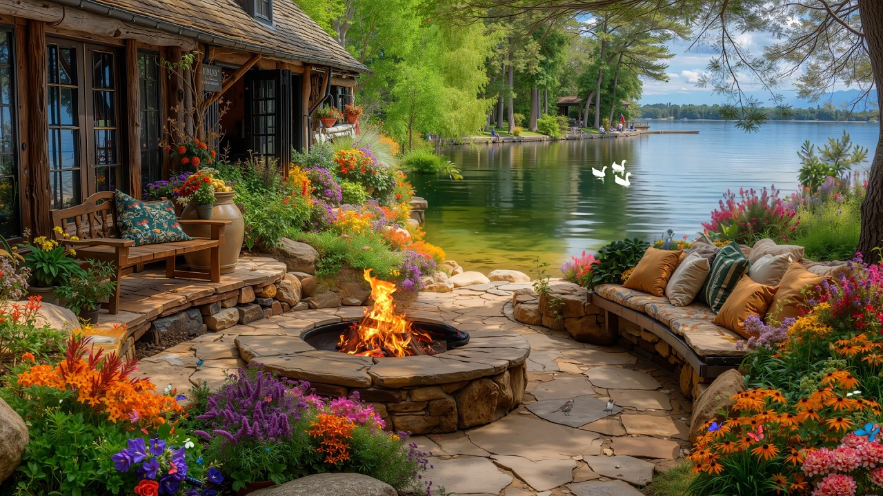 Quiet Spring Morning by the Riverside 🌸 Gentle Piano & Cozy Fireplace Sounds for Sleep, Study
