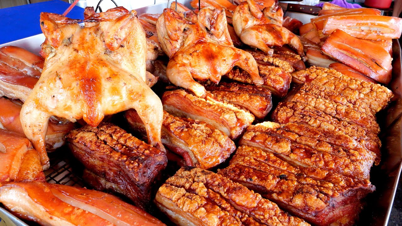 Продам 120 кг в день! 3 часа свинины и курицы на углях | Уличная еда Таиланда