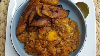 mouthwatering black eye beans, yam, ripe plantain porridge served with dodo (fried ripe plantain)
