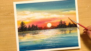 How to draw a beautiful sunset landscape with acrylic paint