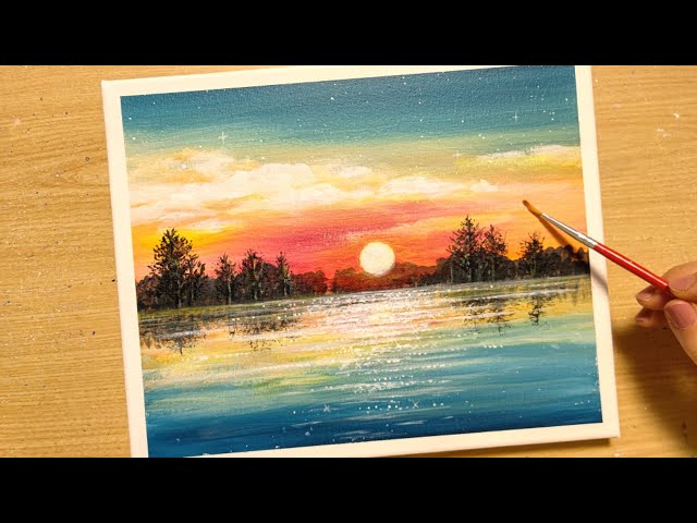 How to draw a beautiful sunset landscape with acrylic paint