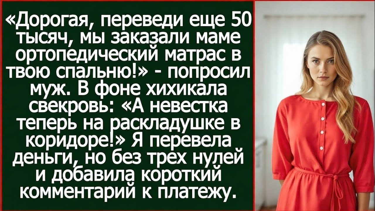 Дорогая, переведи еще 50 тысяч, мы заказали маме ортопедический матрас в твою спальню! Попросил муж.