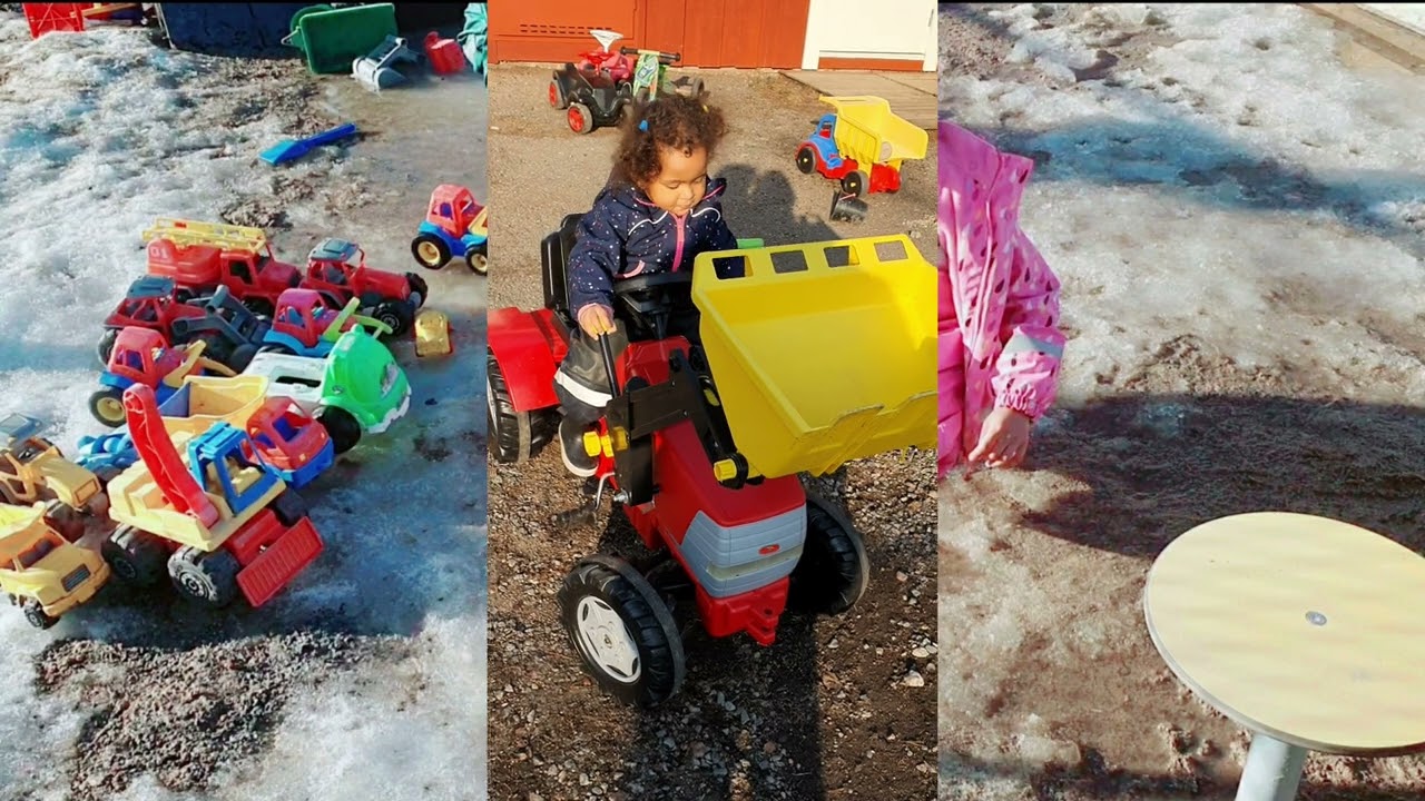 Baby play with a traktor. vehicles for kids. Tramptraktor