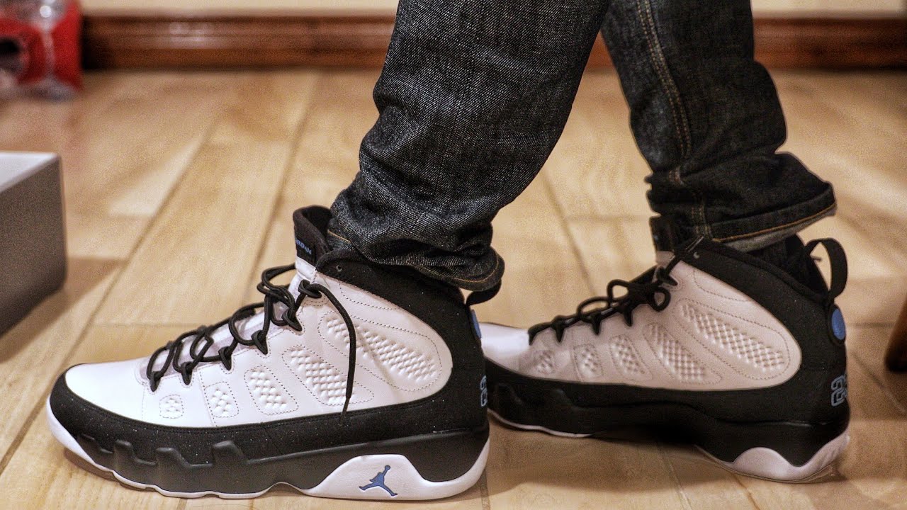 jordan 9 university blue on feet